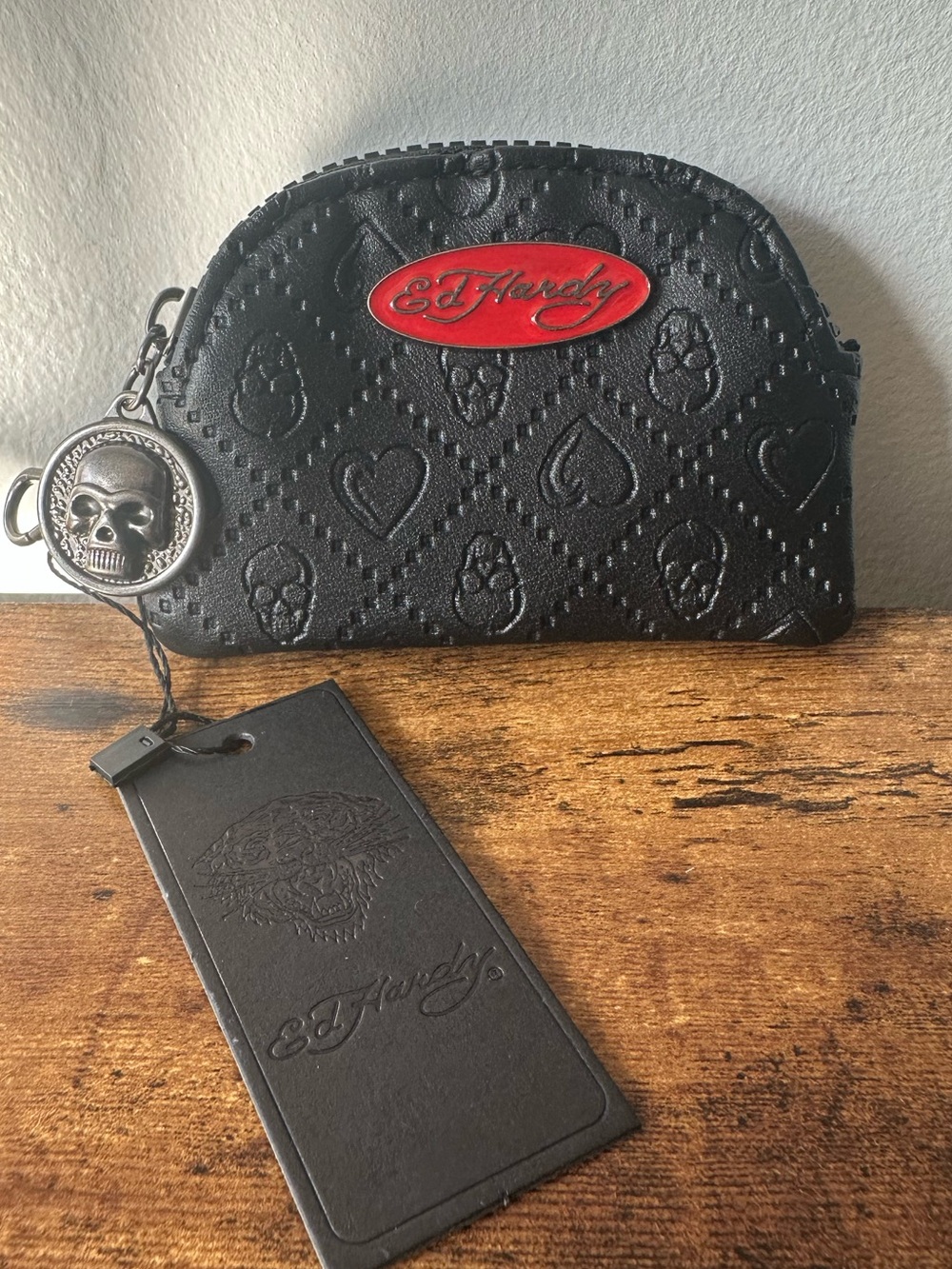 Ed Hardy Black Faux Leather Skull Embossed Coin Pouch Bag Charm Keychain NWT